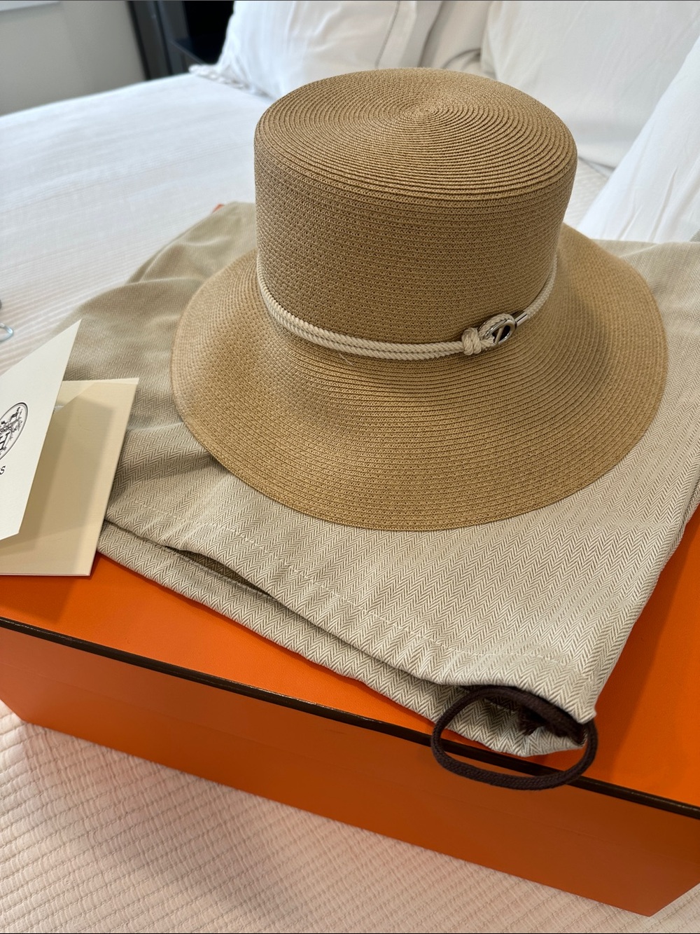 Hermes Beige Woven Straw Hat with White Rope Detail